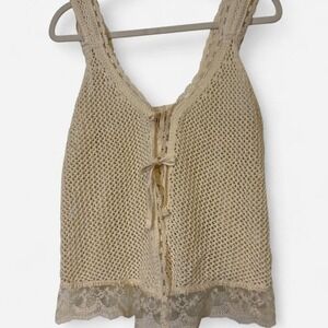 Ritual Crochet Lace Tank Top Large Cream Boho Y2K Cottagecore Tie Front